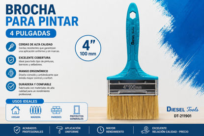 Foto de Brocha p/pintar 4" DT-211901 mango verde diesel colour (120)