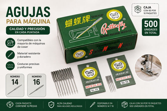 Foto de Caja 50x10 paquetes  aguja p/máquina  Butterfly