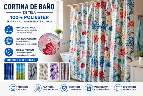 Foto de Cortina Baño Tela 100% Poliester Textil Calidad Repelente Agua YJ03 180X180 cms NAA325 (72)