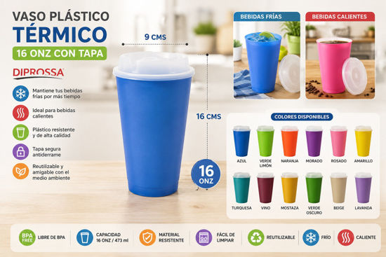 Foto de Vaso plastico termico 16 onz c/tapa 9diamx16 alt cms diprossa( 48 )