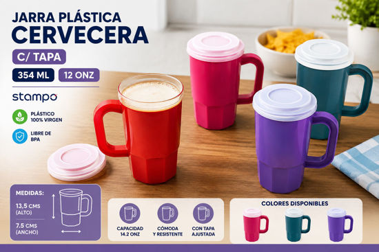 Foto de Jarra plast cervecera c/tapa 354ml 12onz 13.5x7.5cmsTARR01/TAPA04 14.2onz (252)stampo