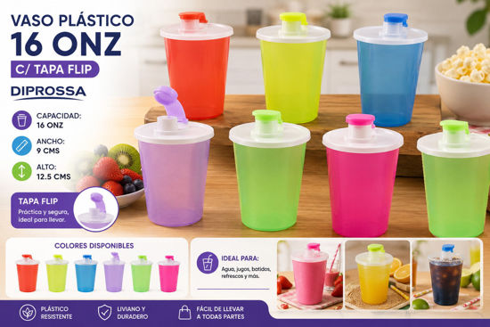 Foto de Vaso plastico 16 onz c/tapa Flip 9cms diam x12.5 alt cms diprossa( 48 )