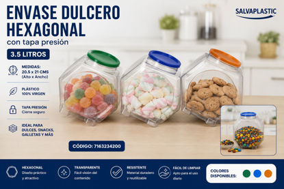 Foto de Envase dulcero Hexagonal  c/t presion 3.5 ltrs 20.5x21 cms SALVAPLASTIC 7163234200
