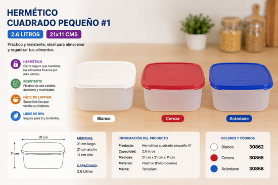 Foto de Hermetico cuadrado peq #1 (2.6LTR) 21X21X11cms tacoplast plastico